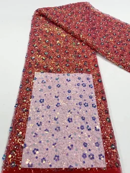 Crvene šljokice, afrička i francuska cvjetne čipke tkanina 2023 High-end čipke materijal s perlicama za mladenku za nigerijski vjenčanica 5 godina