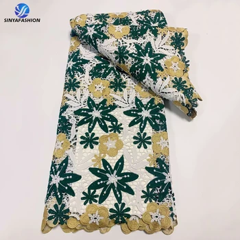 Signa, bijela, zelena, zlatna, afrička гипюровая cvjetne čipke tkanina 2023, 5 metara, visokokvalitetna cvjetne čipke platno s vezom kamenjem i kabel za ženske haljine
