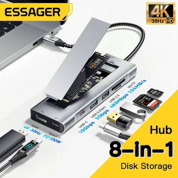 Essager 8 u 1 USB hub s funkcijom za pohranu diskova Type c na SATA SSD kućište tvrdog diska priključna stanica za prijenosno računalo, Macbook Pro Air M1 M2