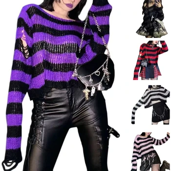 Ženski slobodan prugasti pulover dugih rukava i cutaway u gotičkom stilu, pletene džemper, skraćeno top