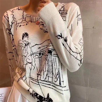 2022, vrhunsku трикотажная majica sa simuliranim vune, ženske top dugi rukav, digitalni жаккардовый pulover s grafitima, ženski džemper, godina tanak