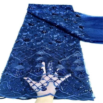 Afrička cvjetne čipke tkanina 2023, izvanredni francuski cvjetne čipke tkanina s kraljevske plave 3D šljokicama, nigerijski držači tkanina za šivanje vjenčanje