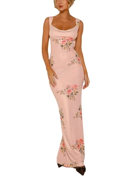 Elegantan maxi haljina bez rukava s cvjetnim ispis, cutaway s kapuljačom i otvorena za ženske godina zurke