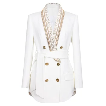 Trendi ženski dug blazer s pojasom, novo jeseni 2023, bijela, crna, s dijamantima, двубортный, u patchwork stilu, moderan jakna, kaput