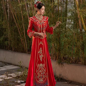 Fin Izvlačenja Vez Kićanka Kineski Tradicionalni Svadbeni Kostim Za Par Чонсам Elegantna Vjenčanica Djeveruša kineski odijevanje