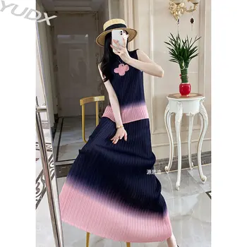 YUDX Miyake плиссированный moderan dizajn, gornja polovica suknje, udoban kostim za žene, novo ljeto 2023, bez rukava, print, iz dva dijela