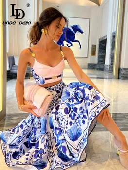 LD LINDA DELLA Elegantne suknje za ljetni odmor, ženski kratki top na trake＋Plave i bijele porculanske suknje, komplet od 2 predmeta
