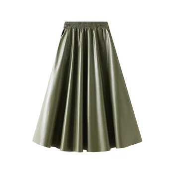 Qiukichonson/ jesensko-zimska suknja od umjetne kože, ženska suknja je srednje dužine, 2023, engleska moderan vintage kožna suknja s džepovima i visoka struka, dizajn