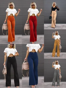 Ženske hlače 2023, ljetni čvrste hlače srednje struk, uske hlače-zvono dno, samt svakodnevne hlače s fleksibilnim gumicom u struku, prigradskim